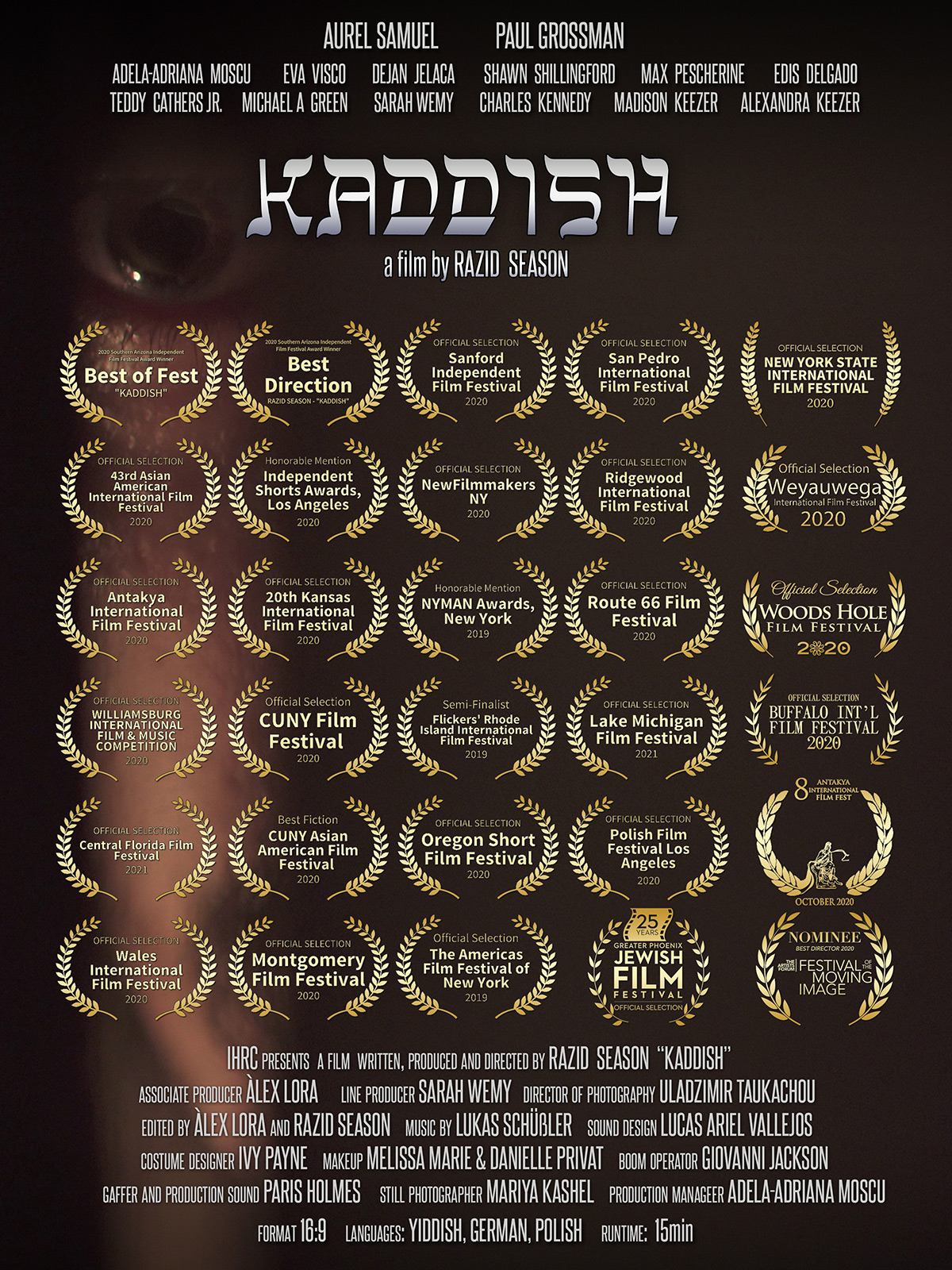 Kaddish film poster with laurels