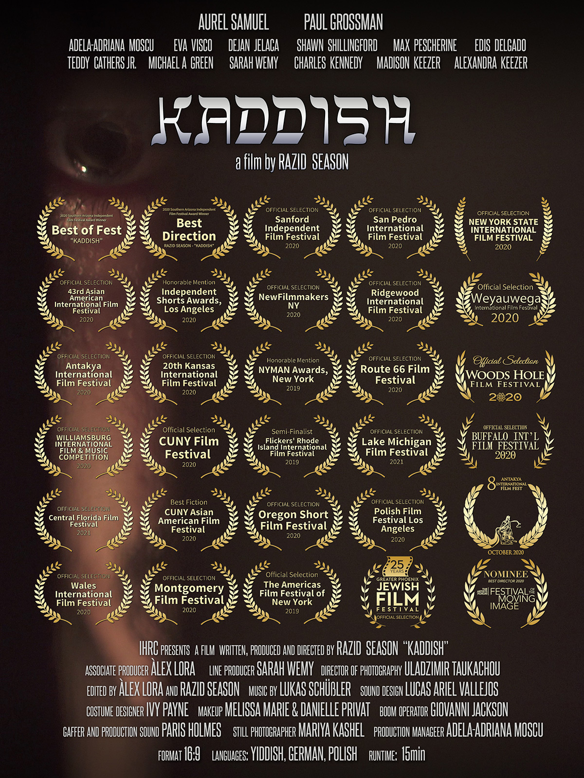 Kaddish film poster with laurels